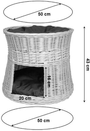 Кігтеточка-ліжко для котів: кругла хатинка з лози, 2 поверхи, білий колір, сірий лежак