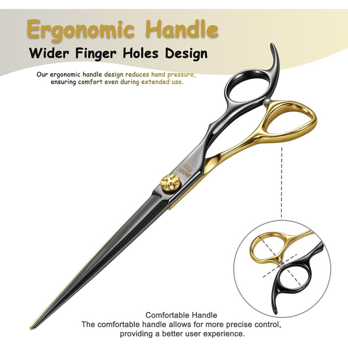 Професійна вигнута ножиця для грумінгу собак, японська сталь 440C, 19.1 см, чорний та золотий колір