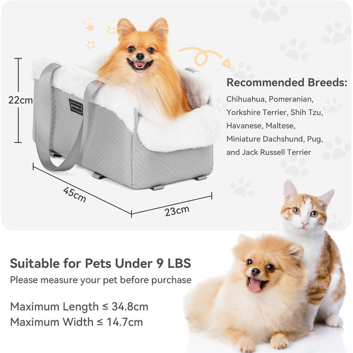Автокрісло для собак PETSFIT, сіре та біле, для маленьких собак до 5 кг, з безпечними ременями та знімним м'яким сидінням