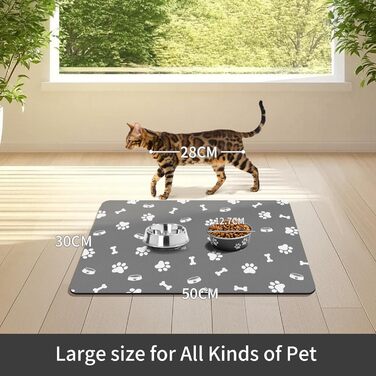Підкладка для годівлі домашніх тварин – вбираюча підкладка під миски для їжі та води, без плям, швидковисихаюча (Світло-сіра з багатьма лапами, 40 x 60 см)