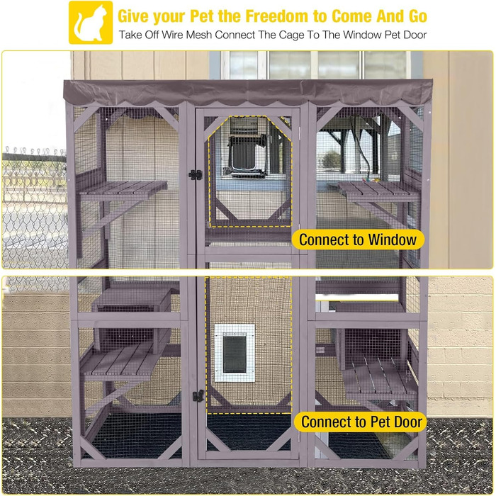 Дім для котів з дерева для вулиці та дому, велике котяче огородження на колесах, Catio-кафес з посиленими дерев'яними смугами, водонепроникним дахом (Тип D, Тип B-середній)