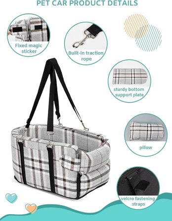Автокрісло для собак маленьких порід, переносне автокрісло з м'яким, знімним, миючим подушечкою, для консолі авто, до 5,9 кг (сірий)