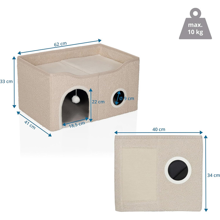 Кігтечка-будиночок для котів PAWY з подушкою, бежева, 40x40x44 см