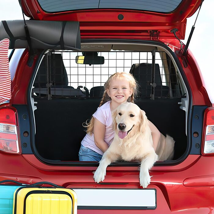 Сітка для собак у машину Herrselsam, перегородка в багажник, захист для собак, регульована ширина, з кріпленням на ремінь безпеки