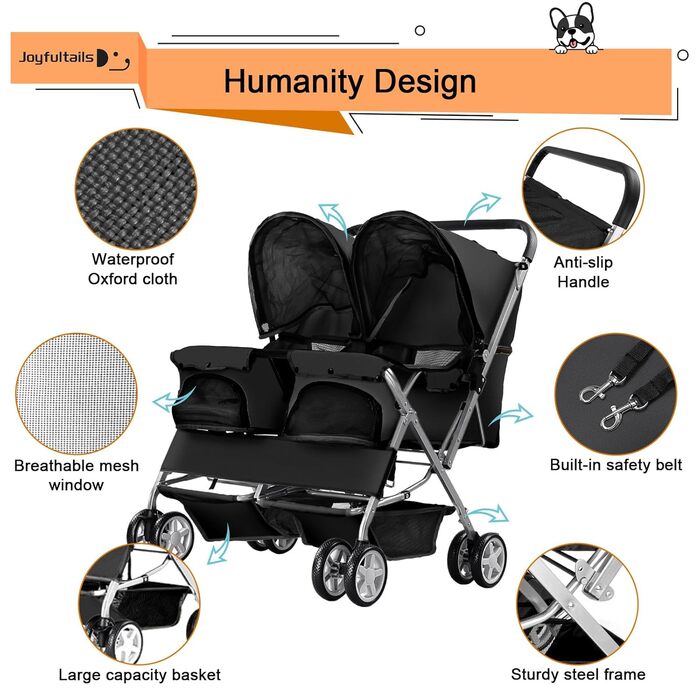 Візок для собак Joyfultails, двомісний візок для домашніх тварин та дітей, складаний візок для 2 собак та котів, двомісний переноска, візок-тандем для собак, візок для подорожей з домашніми тваринами з місцем для зберігання (Чорний)