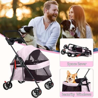 Візок для собак 2 в 1, будівельник для собак до 20 кг, 4 пари коліс 360°, візок для собак/кішок/дітей з тримачем для напоїв, складний візок для маленьких/середніх собак та котів (Рожевий)