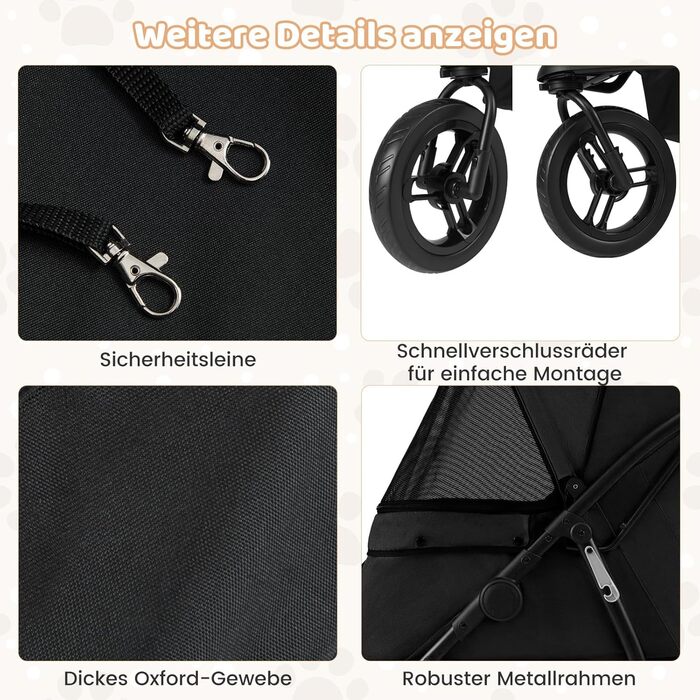 Візок для тварин Costway, розкладний, до 25 кг, для собак та котів, 3 колеса, регульоване сонцезахисне дах, сітчасте вікно, кошик та подушка, чорний