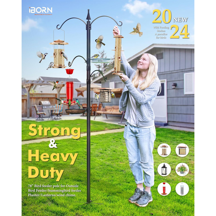 Підвісна кормушка для диких птахів iBorn, 220 см, з 2 фіксованими та 2 регульованими гачками, 2 лотками, стабілізатор на 5 зубців (без кормушки у комплекті)