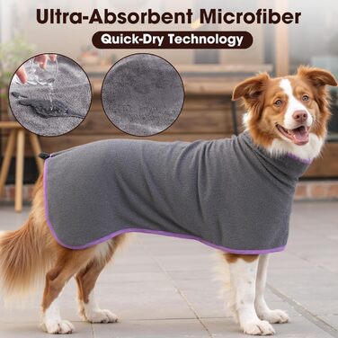 Рушник для собак, мікрофібра, середні та великі породи - сірий, швидке сушіння, супер вбирання, для собак та котів (фіолетовий, XXL), 2 сторони сірий/фіолетовий