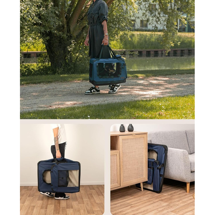 Складана транспортна коробка lionto для собак і котів, 50x34x36 см, текстильна переноска з ручками та килимком, для подорожей і авто, темно-синя, до 10 кг