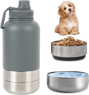 Турбунок для собак на ходу 950 мл – ізольована сталева фляга для води з мискою для їжі та води, портативна фляга для собак без BPA для подорожей, прогулянок та активного відпочинку (Сірий, L)