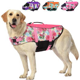 Світловідбиваюча жилет для плавання собак Hawaiian Sports Style, жилет для собак з ручкою для рятування, регульований жилет для цуценят, середнього, великого розміру, квіти + рожевий