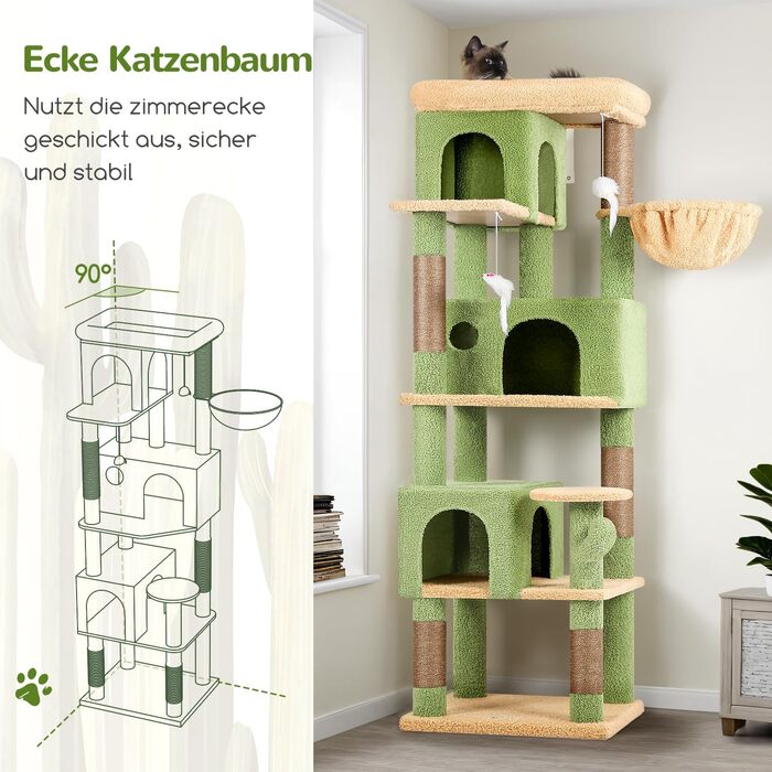 Драбина-будинок для котів Globlazer з кутовою конструкцією, 168 см, 3 будиночки, велика платформа, 5 сизалевих стовпчиків, кошик, іграшки, для 3-4 котів (зелений)