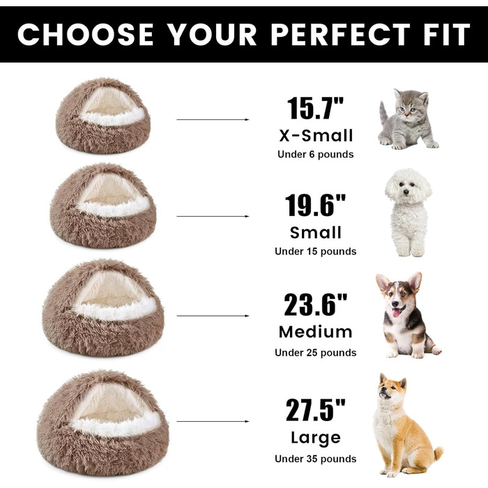 Кругле ліжко для собак NOYAL з капюшоном для маленьких та середніх тварин – плюшеве, м'яке, заспокійливе ліжко-печера для котів та собак, 60x60x43 см, коричневе