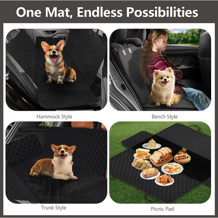 Універсальний килимок для собак у машину 4-в-1 - захист заднього сидіння, водовідштовхувальний та стійкий до подряпин - килимок для собак в авто, підходить для легкових, вантажних та позашляхових автомобілів, 137×147 см (Чорний)