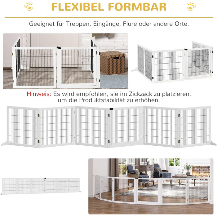 Захисний бар'єр для собак PawHut - регульований, 432 x 70 см, 6 панелей, білий