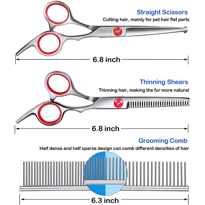 Набір професійних ножиць для грумінгу собак Elfirly: нержавіюча сталь, заокруглені кінчики, ножиці для розрідження, вигнуті ножиці, набір для стрижки шерсті тварин з триммером для нігтів (червоний)