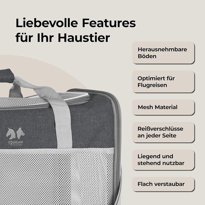 Сумка-переноска для собак та котів Equicani® 55x40x23 см, сіра | Легка, складна, з сіткою та зручним ременем