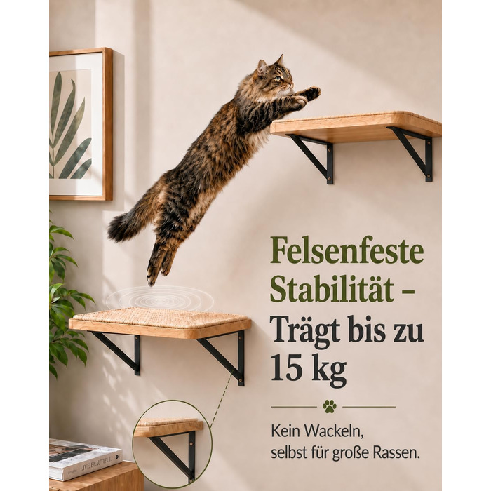 Комплект настінної драбинки для котів Katzen Kletterwand з 4 рівнями: 2 сходинки та 2 майданчики для сну, соснове дерево, настінне кріплення