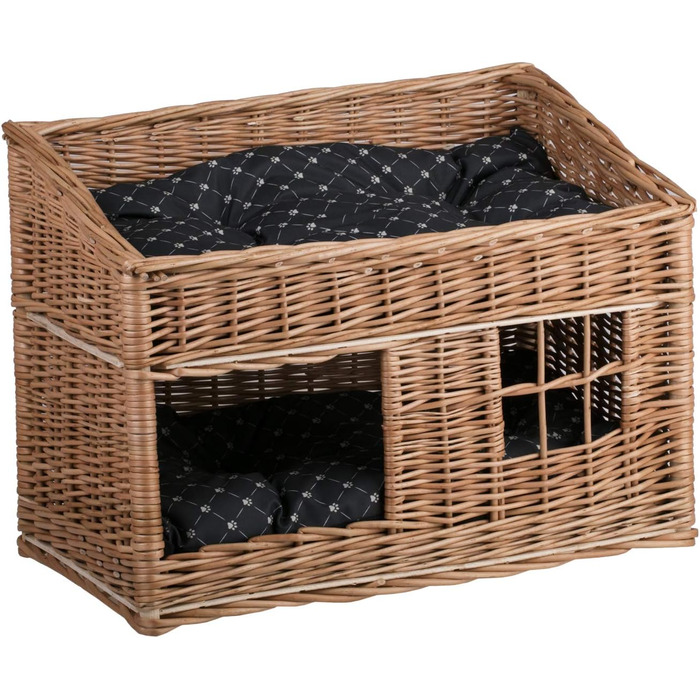 Кішка Будиночок з ротангу прямокутний, двоярусний, з подушкою та вікном (натуральний, чорний)
