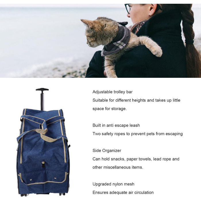 Транспортна переноска для собак, складана, велика, з колесами та телескопічною ручкою, для котів та собак до 17,5 кг (BLUE)