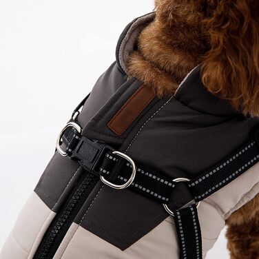 Водонепроникний теплий зимовий одяг для собак JSSEVN - куртка з кріпленням для повірця, для цуценят та собак середніх розмірів, бежевий, M