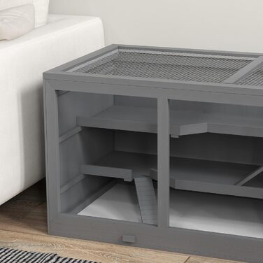 Клітка для гризунів PawHut, з рампою та вигнутою гіркою, відкидна верхня частина, знімний піддон, дерево сосна та PS пластик, 115 x 60 x 55 см (Сірий)