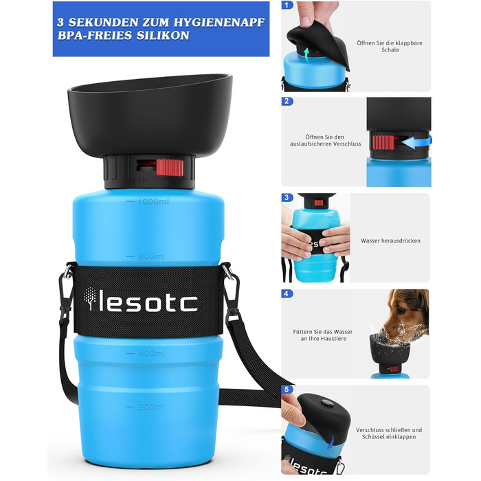 Складана пляшка для води для собак Lesotc 1000 мл, витоку немає, блакитна