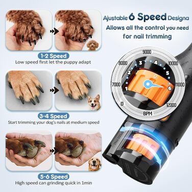 Електричний точило для собачих нігтів Gimars, 6 швидкостей, LED-підсвічування, USB-зарядка, чорний