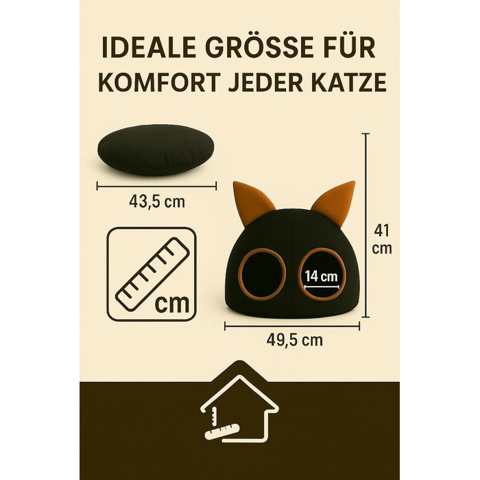 Котяча хатинка XXL 49,5×49,5×41 см – м'який і теплий будиночок для котів з праним матрасом, ідеальне місце для відпочинку, котяче наметове укриття для дому