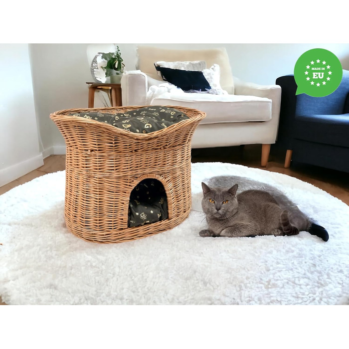 Котячий кошик для сну XL 70 см, двоповерхова хата з лози з подушками, темно-коричневий, натуральний колір, для котів і собак, кімнатний
