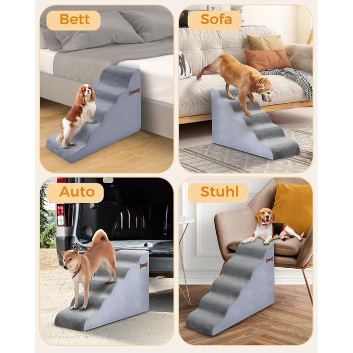 Сходинки для собак 5-ступеневі, 60 см - для дивана та високого ліжка, з антиковзким покриттям, підходять для маленьких тварин та котів з артритом