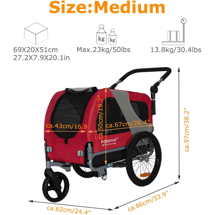 DOGGYHUT® Преміум візок для собак 2-в-1: буксир та візок для собак до 23 кг (червоний)