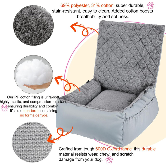 Автокрісло для собак SIVEIS – м'яке ліжко з кишенькою, для собак малого та середнього розміру, з ременем безпеки (02-Сіро-блакитний)