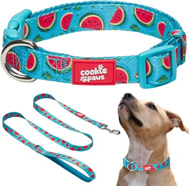 Нашийник і повідець для великих собак Cookie Paws, нейлоновий з м'яким неопреном, регульований, з швидкозастібкою, дихаючий, легкий у догляді, стильний дизайн «Кавун»
