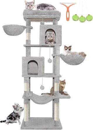 Котячий комплекс LEEJARD XXL: великий дерев'яний будиночок для котів з платформами, стійками для шліфування, будиночком, гамаком, іграшками та захистом від перекидання (180 см, світло-сірий)