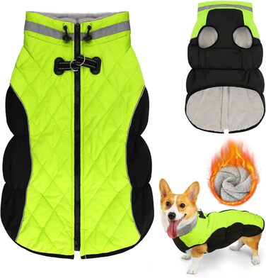 Зимова куртка для собак, водонепроникна, тепла, м'яка, вітрозахисна. З облаштуванням для повідка, світловідбиваюча, з блискавкою та регульованою застібкою. Для малих та середніх собак (Зелений, XL)