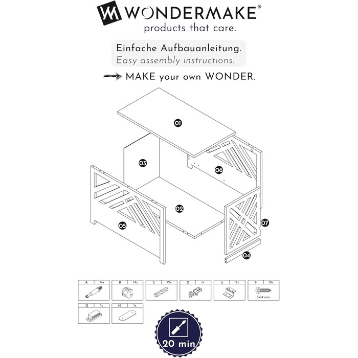 Дерев'яний собачий вольєр WONDERMAKE з тумбою, білий, 90x60 см – стильна собача клітка для дому та квартири, меблі для вітальні