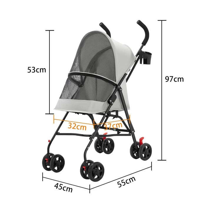 Дитяча коляска для собак та котів OHMG 3 в 1, сіра, складна, з EVA-колесами, для маленьких та літніх тварин, з тримачем для напоїв