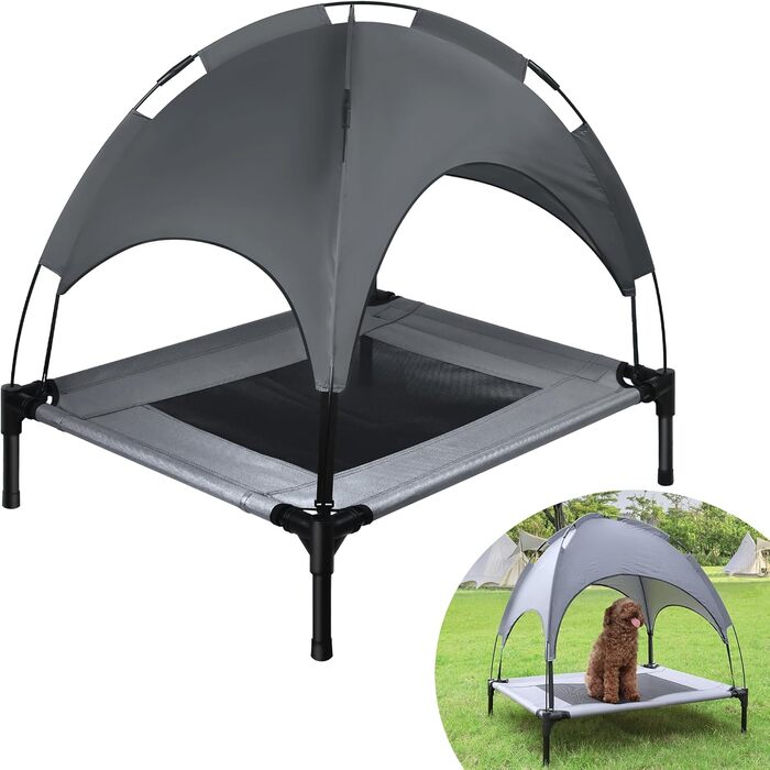 Підвищене собаче ліжко з дахом, сонцезахист, ліжко для тварин з балдахіном, лежанка для собак на вулицю, диван для собак, неслизькі підніжки, водонепроникний дах та дихаюча сітка, L 61x46x61cm (M-76x61x76cm)