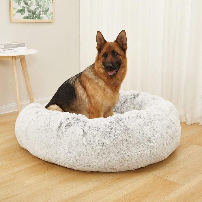 Ліжко для собак Bedfolks Donut, велике, 114 см, кругле, антистресове, плюшеве, знімне, нековзке дно, світло-сіре