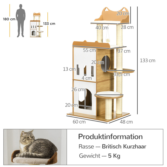 PawHut Cat Tree, 133 см, кігтеточка для кішок Cat Tree з 2 котячими печерами, зі стеблами для подряпин, подушками, м'яч, меблі для кішок, кімнатна, дуб+біла | Аосом