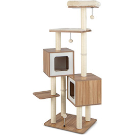 Дерев'яний кігтеточки COSTWAY 163 см, 6-ярусний, з 2 печерами, 2 килимками та 3 іграшками, для котів, бежевий+натуральний колір