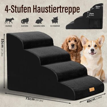 Сходинки для собак, 4 сходинки, знімний поручень, антиковзка поверхня, для ліжка та дивану, з високощільним губчастим наповнювачем (Чорний)