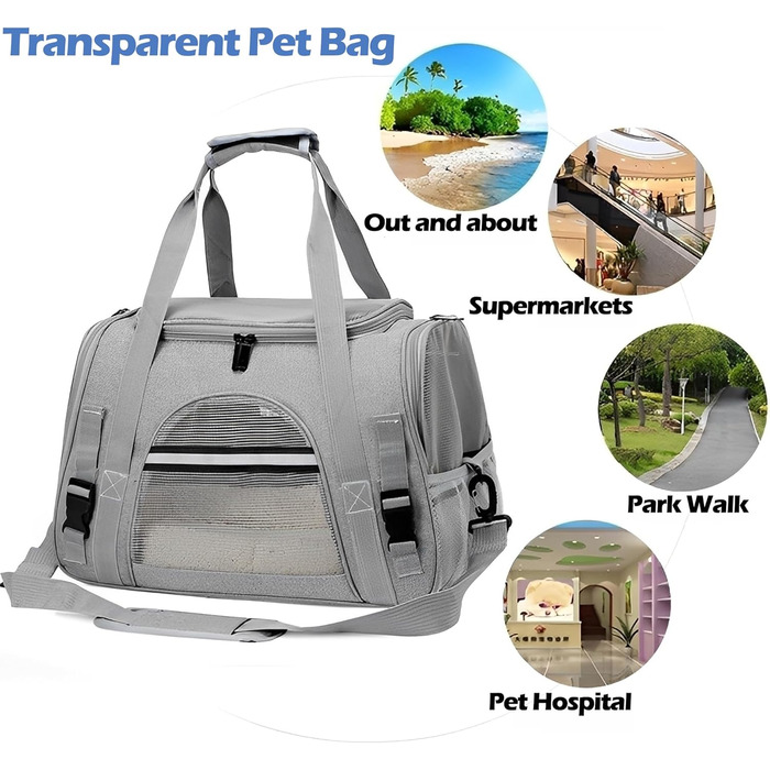 Транспортна сумка для тварин, сіра, 44x25x28 см, з плюшевою подушкою, переноска для кота/собаки, портативна, на блискавці
