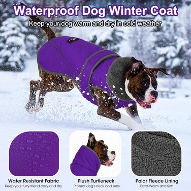 Зимовий теплий пуловер для собак Dogchee з флісовим коміром, куртка для собак, одяг для тварин, світловідбиваюча підкладка з флісу, теплий одяг для маленьких, середніх та великих собак, розмір XXXL (обхват грудей 88-113 см, довжина спини 70 см), фіолетови