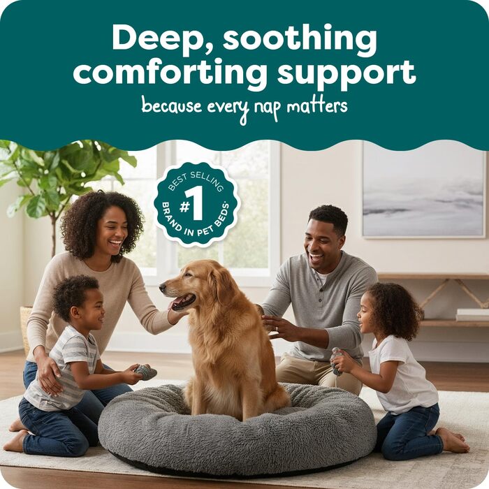 Кругла ліжко для собак Furhaven 45' XL Donut, м'яка плюшева з штучним хутром, заспокійлива, знімний чохол - сірий, розмір: 114x114x23 см