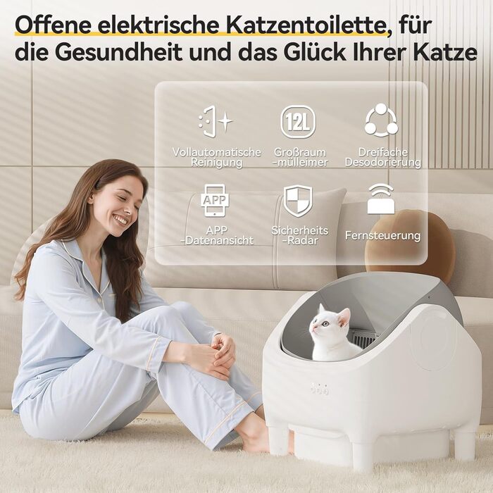 Автоматичний лоток для котів Devoko з керуванням через додаток, для котів до 15 кг, відкритий дизайн, легкий у прибиранні, великий, зручний для котів, ємність на 15 днів