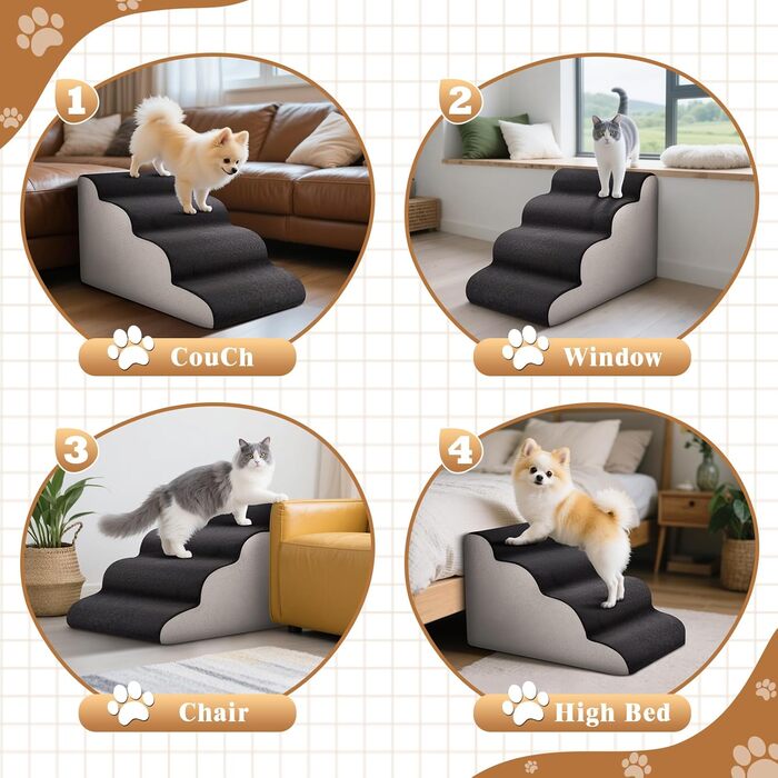 Сходинки для тварин JUOIFIP, 4 сходинки, для маленьких собак та котів, чорно-сі кольори, миючий, антиковзаючі