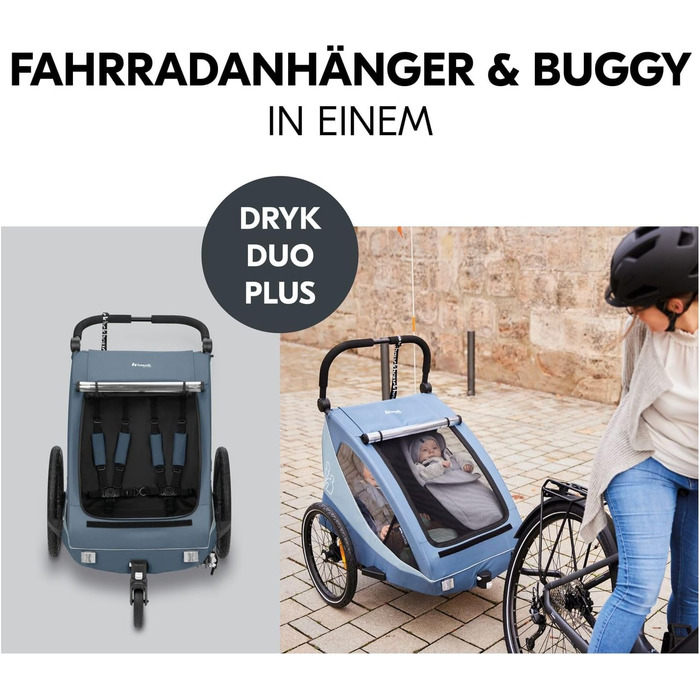 Фahrра-причіп Hauck Dryk Duo Plus Set для 2 дітей з люлькою, тентом та дощем. Складається, з підвіскою та функцією коляски, темно-синій